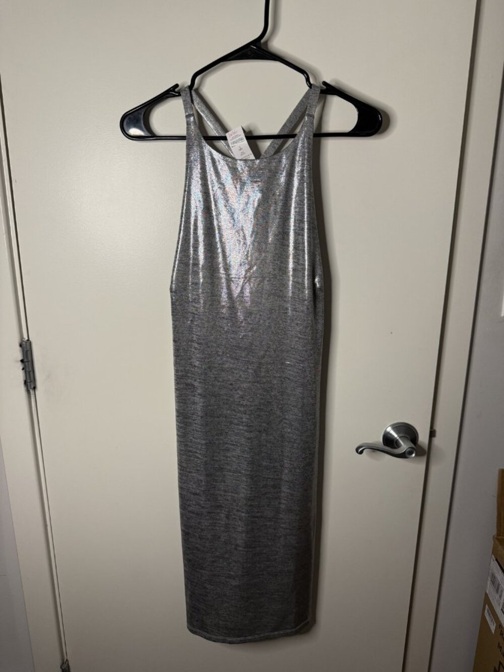 NWT Silver Metallic Cross Back Bodycon Midi Dress